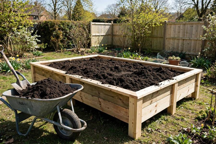 Newly built wooden raised bed frame being filled with dark soil mix in a sunny backyard