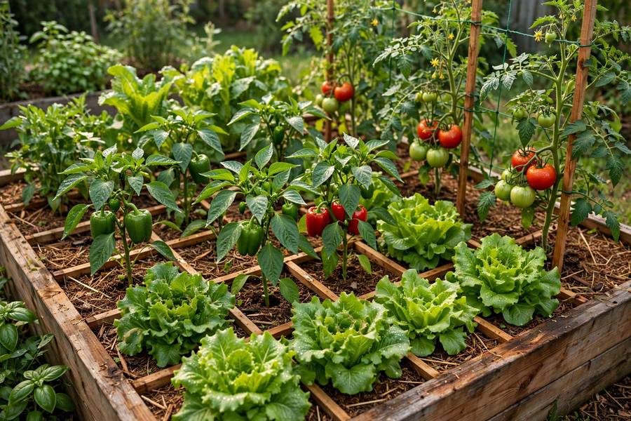 Thriving raised bed vegetable garden with tomatoes, peppers, and lettuce in intensive grid planting