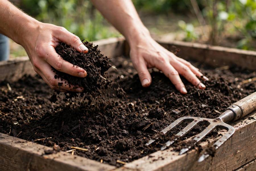 Hands spreading fresh compost over soil in a wooden raised bed garden
