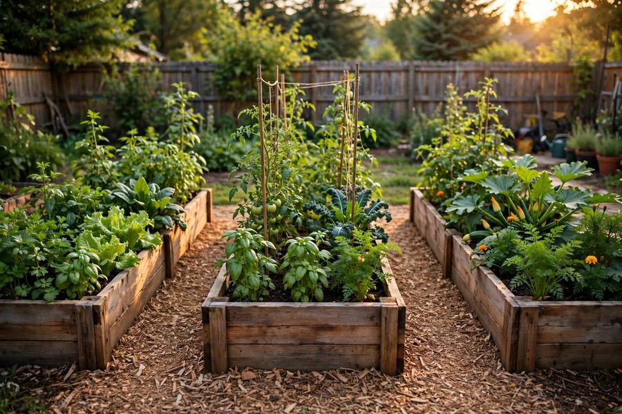 Three wooden raised beds with lush vegetables and wood-chip paths at golden hour