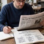 Adult analyzing newspaper editorial with argument map