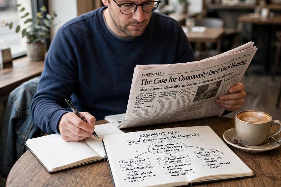 Adult analyzing newspaper editorial with argument map