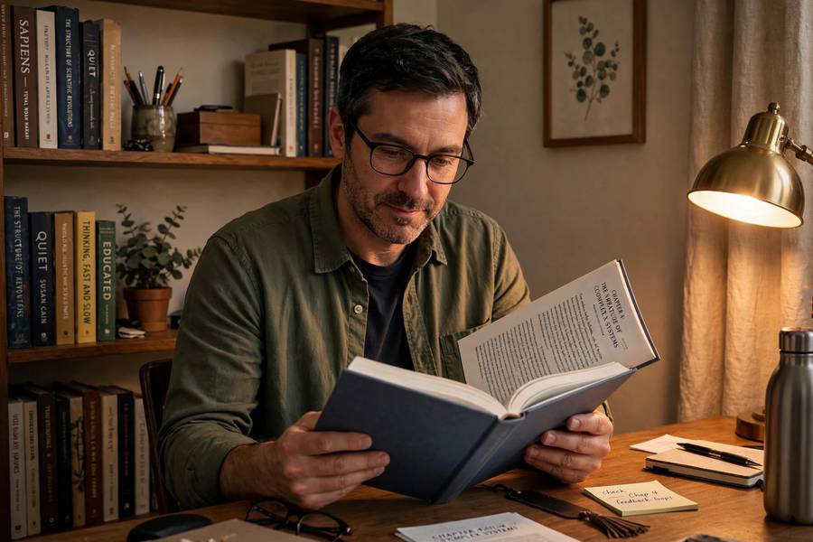 Adult reading nonfiction in home study