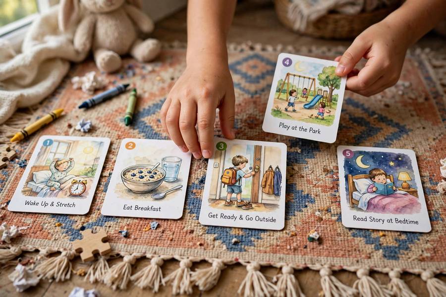 Child arranging story sequence cards