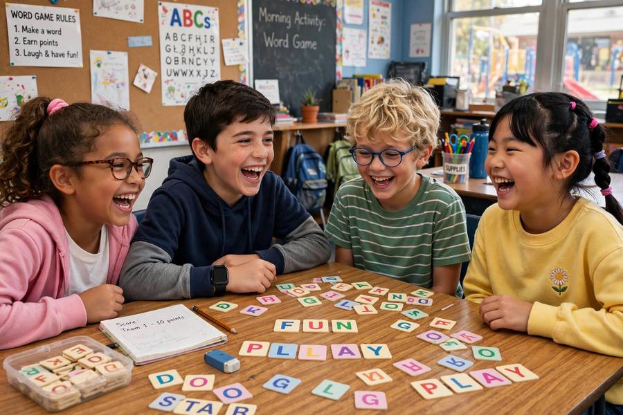 Kids playing vocabulary word game in classroom