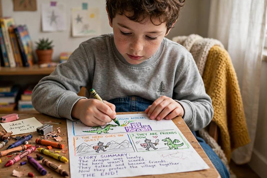 Child drawing comic strip story summary