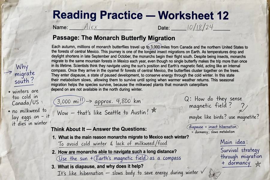 Annotated reading practice worksheet