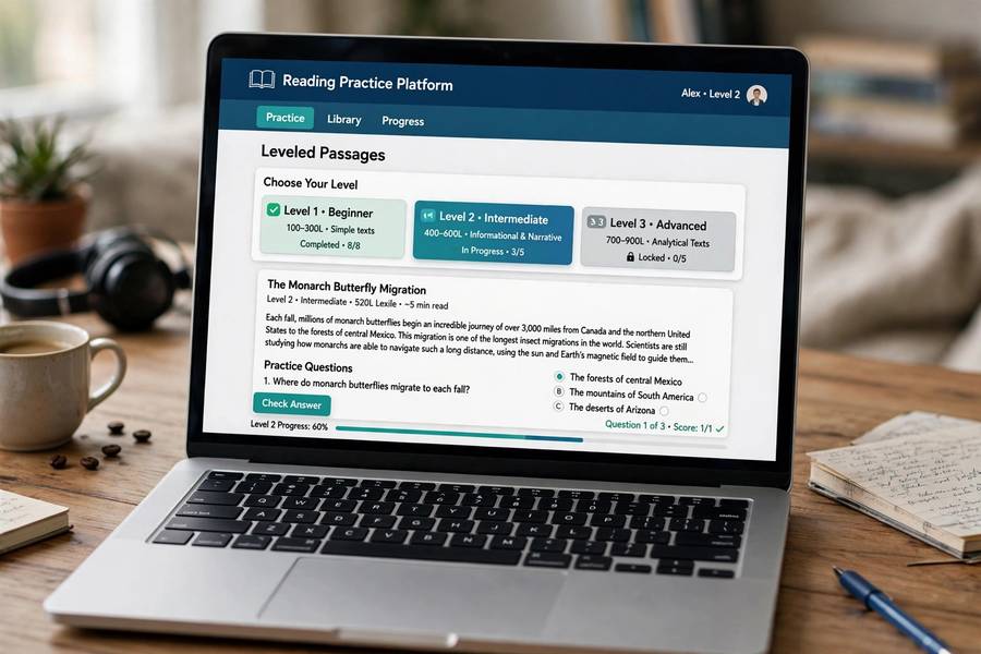 Digital reading practice platform on laptop