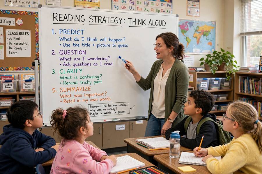 Teacher modeling reading strategy on whiteboard