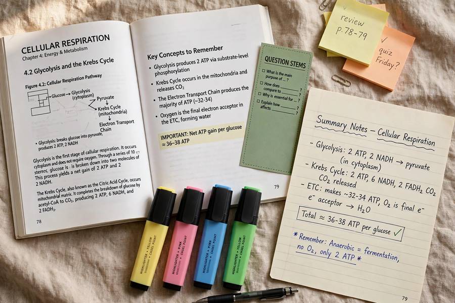 Study setup with summary notes and question bookmark