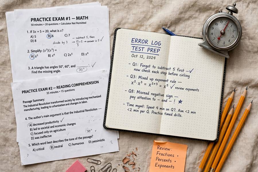 Test preparation with error log and timer