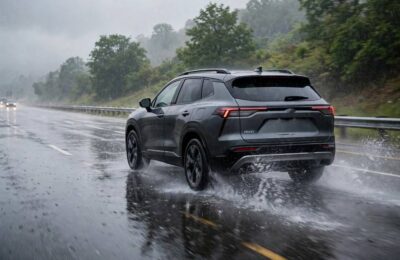 AWD crossover on a wet highway illustrating real time AWD vs full time AWD