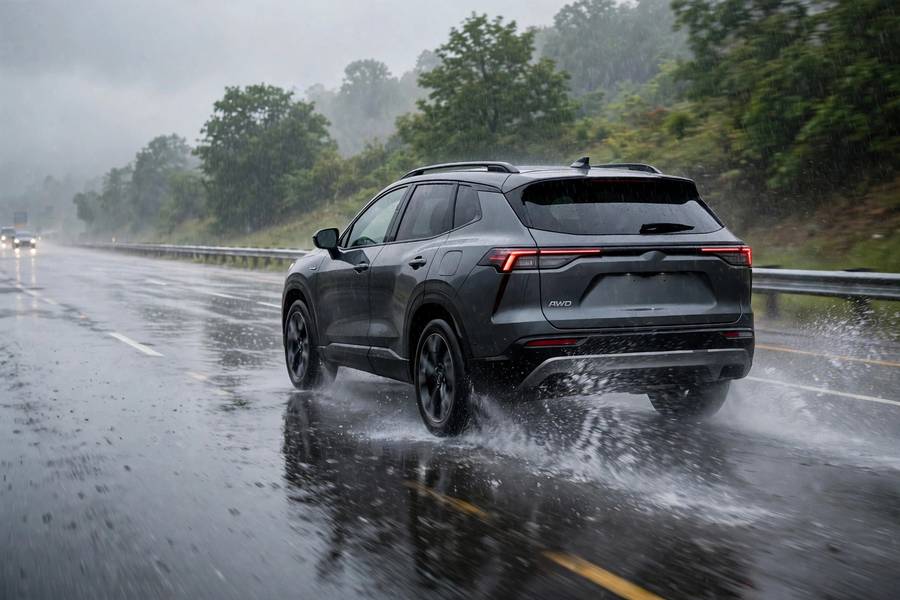 AWD crossover on a wet highway illustrating real time AWD vs full time AWD
