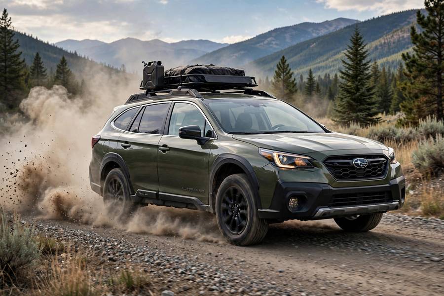 SUV with full time AWD driving on a gravel road
