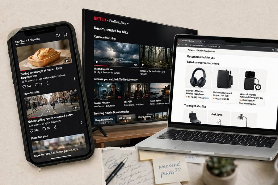 Phone, TV, and laptop showing different personalized recommendation feeds