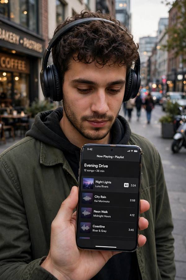 Person listening to recommended music while walking in the city