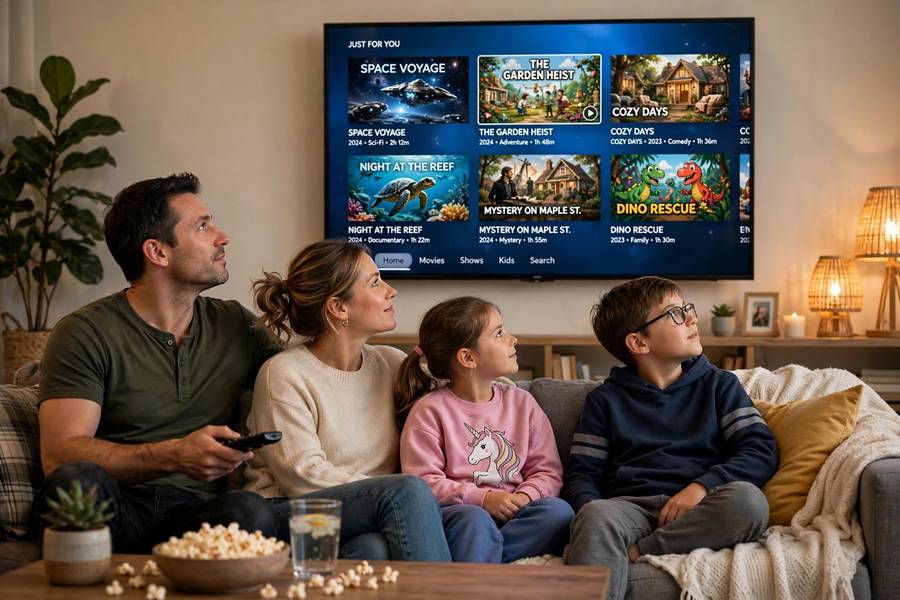 Family choosing from recommended movies on TV