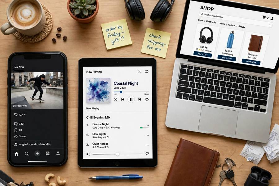 Overhead view of devices showing video, shopping, and music recommendations