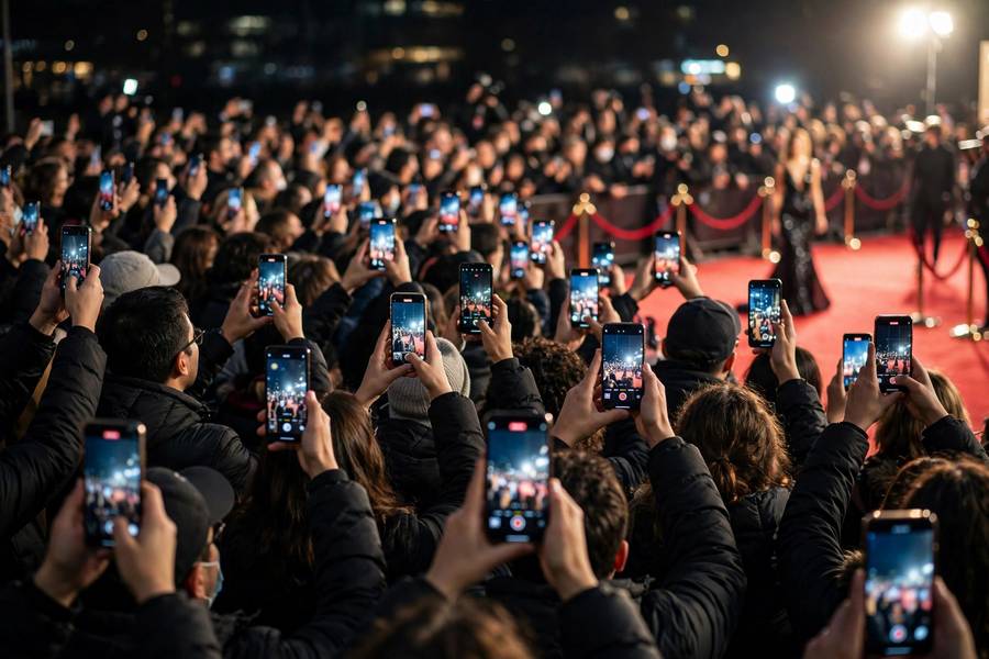 Crowd of phones photographing a dramatic red carpet arrival