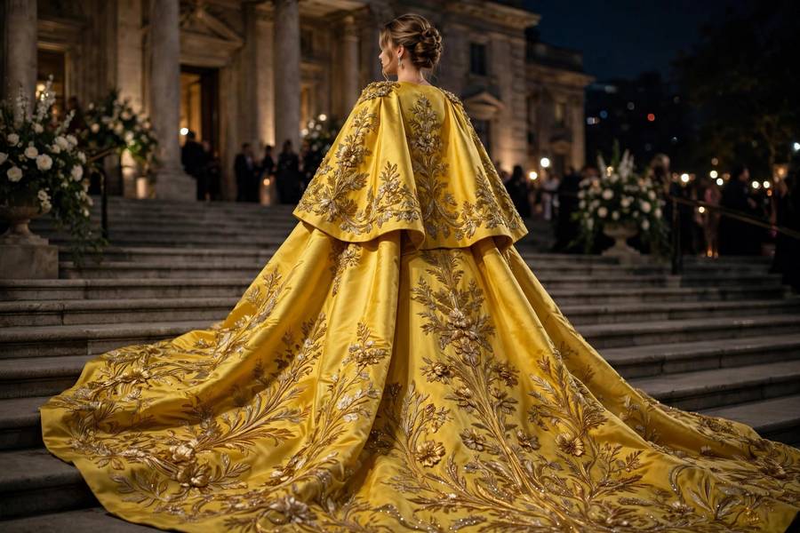 Celebrity in an extravagant yellow cape gown with a long train