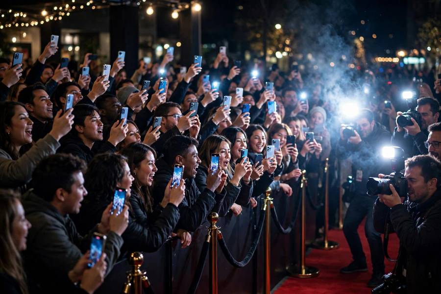 Social media frenzy at a red carpet event at night