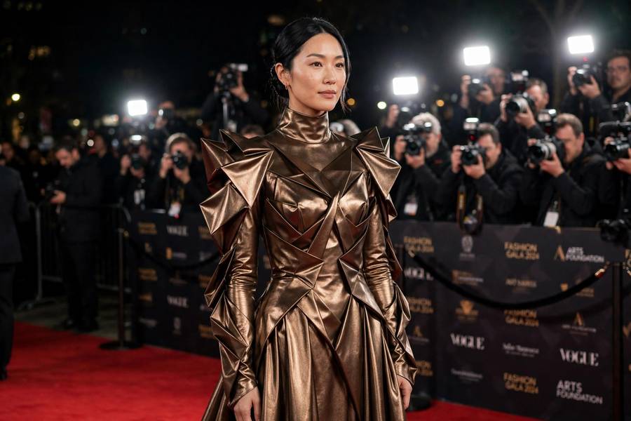 Avant-garde artistic statement dress on a red carpet