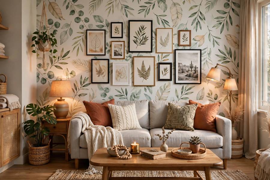 Stylish rental living room with peel-and-stick wallpaper accent wall and gallery frames