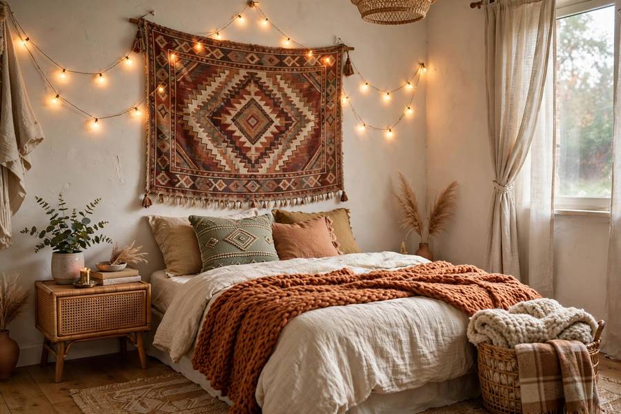 Cozy rental bedroom with tapestry wall hanging, string lights, and layered textiles