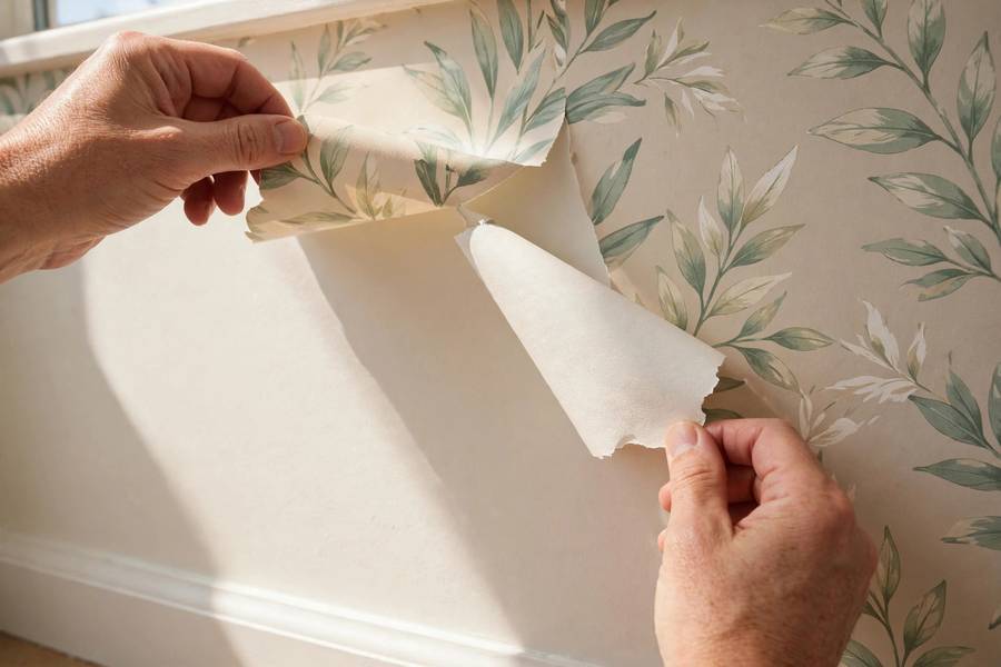 Hands peeling removable wallpaper cleanly off a rental wall revealing undamaged paint
