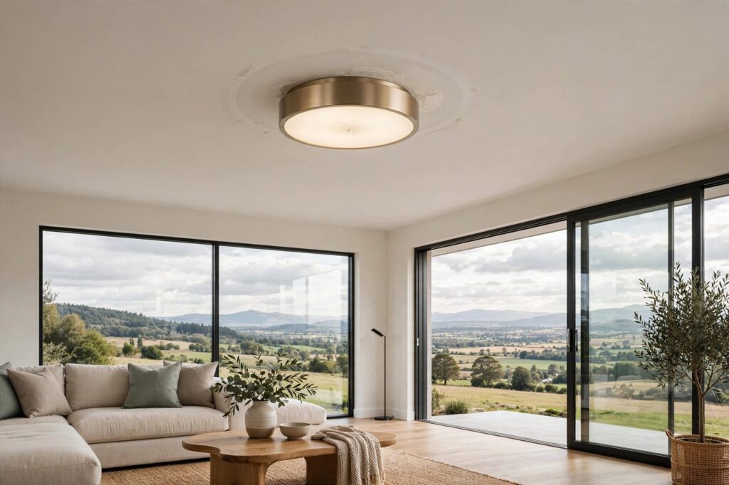 A modern flush-mount light fixture installed where a ceiling fan used to hang