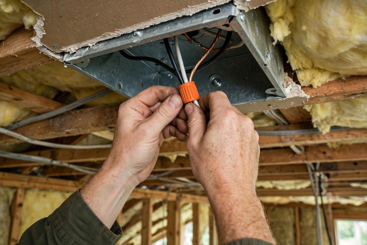 Hands connecting wires with wire nuts inside a ceiling electrical box