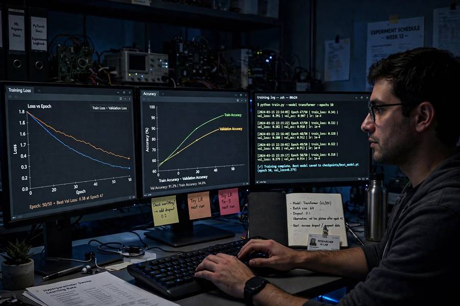 A researcher monitoring deep learning training curves on monitors