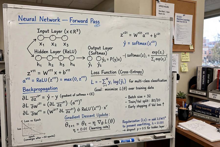 Neural network diagrams sketched on a whiteboard