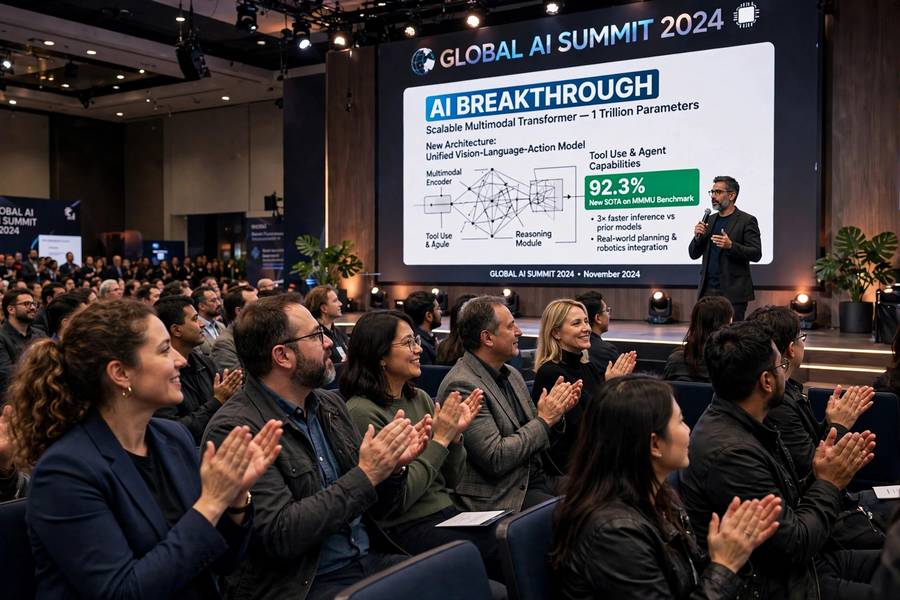 An AI researcher presenting a breakthrough to a conference audience