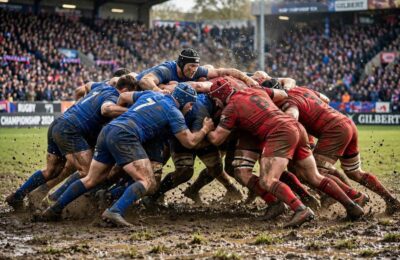 Rugby scrum showing players contesting possession under rugby rules