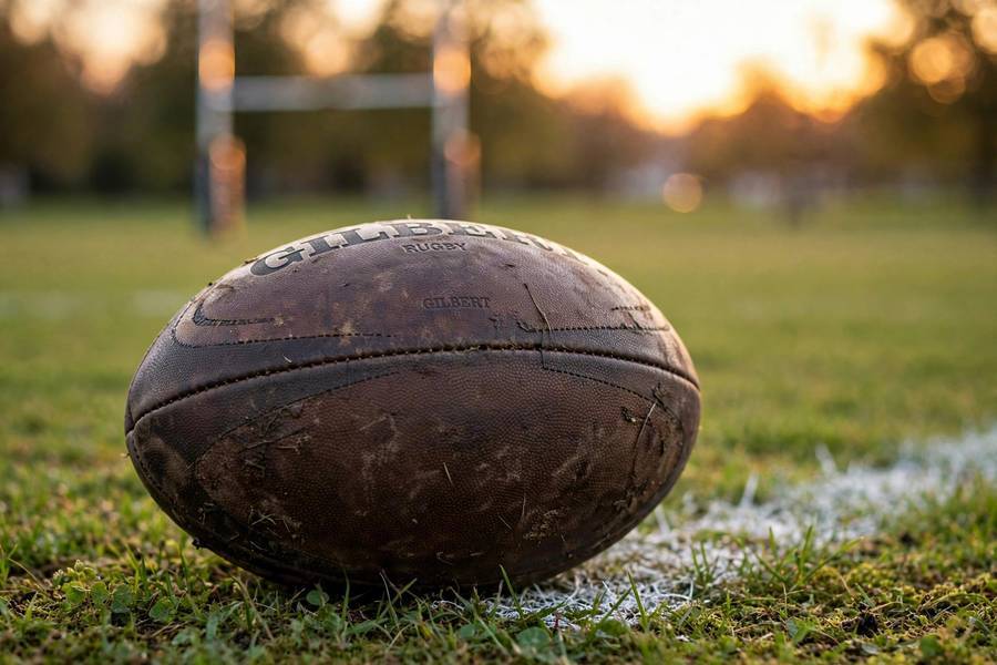 Oval rugby ball on the pitch where rugby rules apply