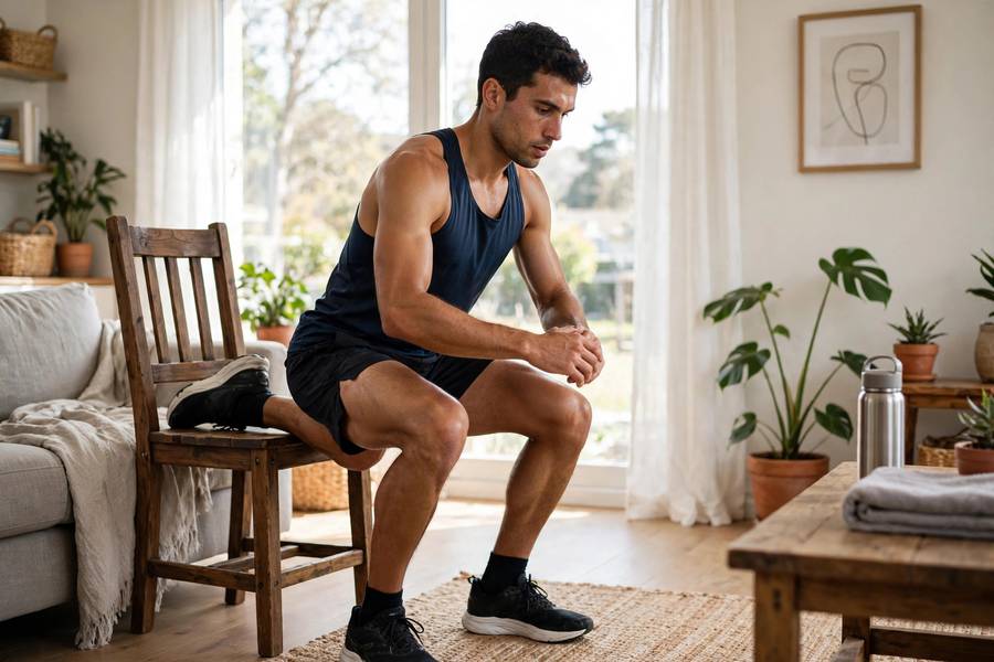 Runner doing Bulgarian split squat at home using a chair