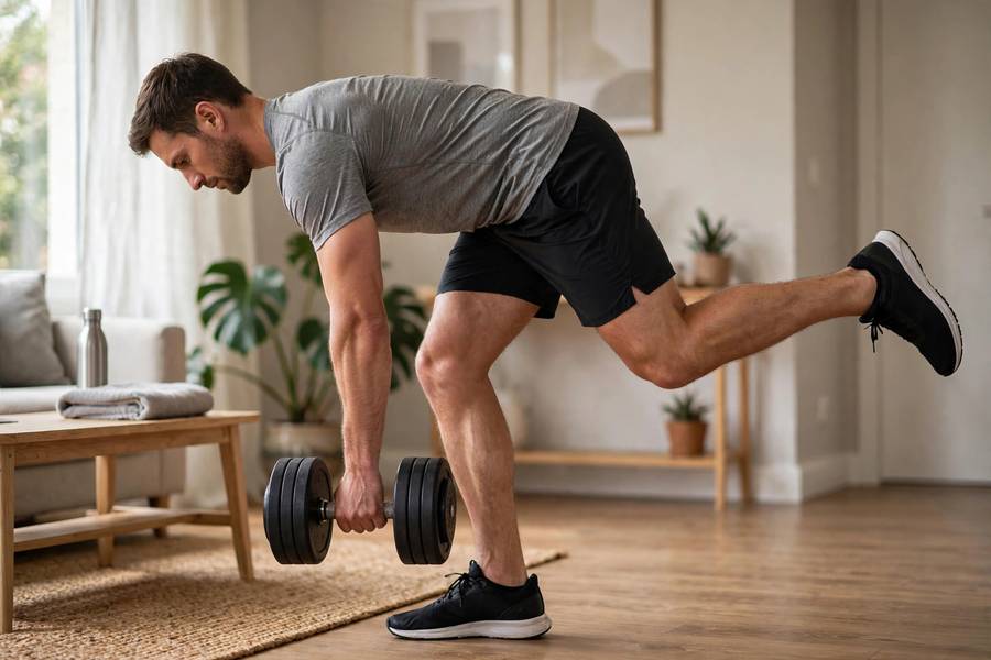 Athlete performing single-leg deadlift with dumbbell at home