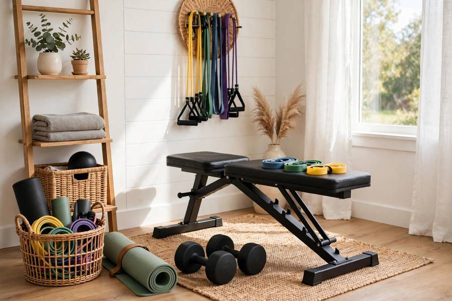 Home workout space with dumbbells and resistance bands
