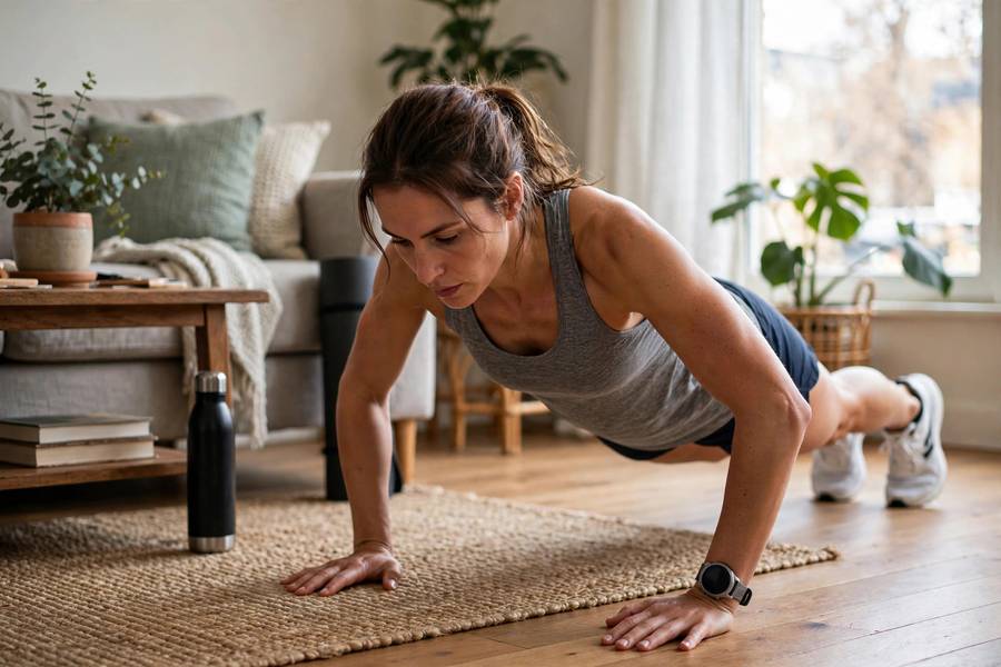 Runner doing push-ups in a living room workout