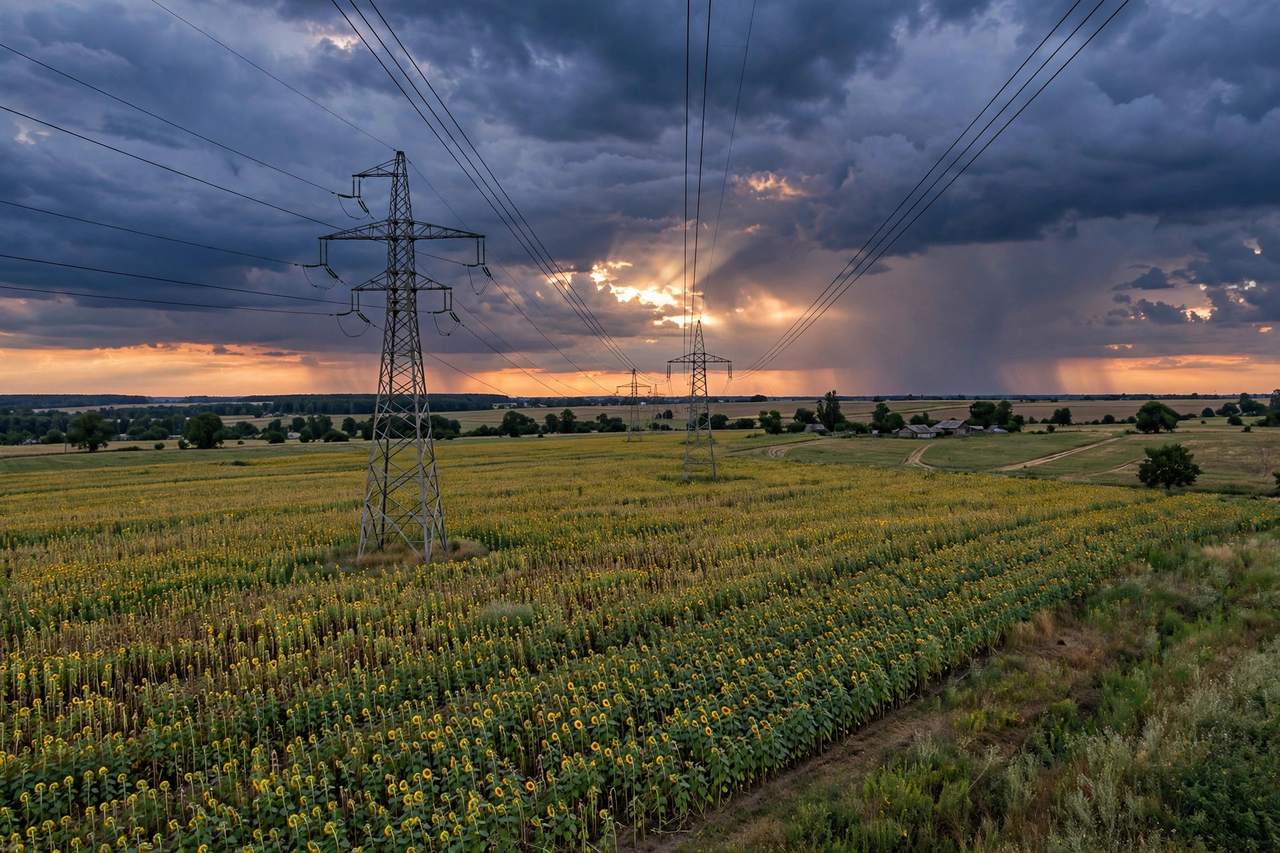 Overhead transmission lines stretching across a Ukrainian field at dusk