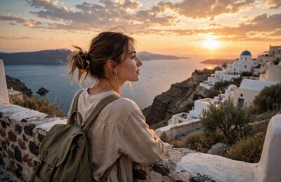 Solo female traveler watching sunset at Santorini Greece