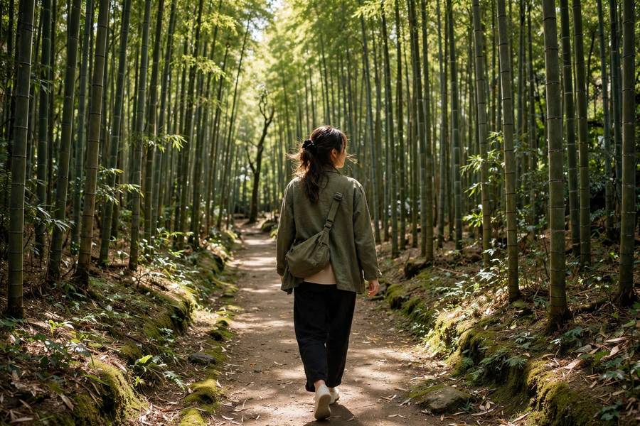 Woman walking alone through Kyoto bamboo grove Japan