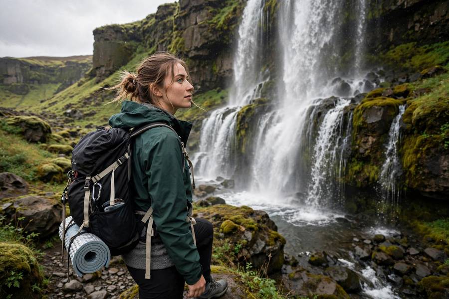 Female traveler with backpack at Iceland waterfall