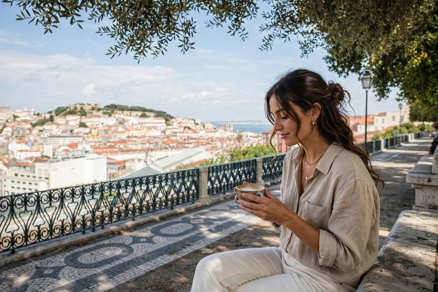 Solo woman enjoying coffee at Lisbon miradouro viewpoint