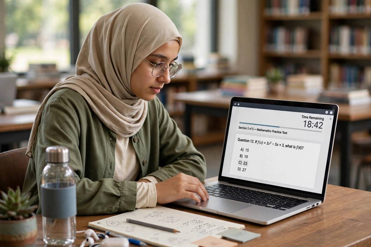 A student taking a digital practice test on a laptop with a timer visible