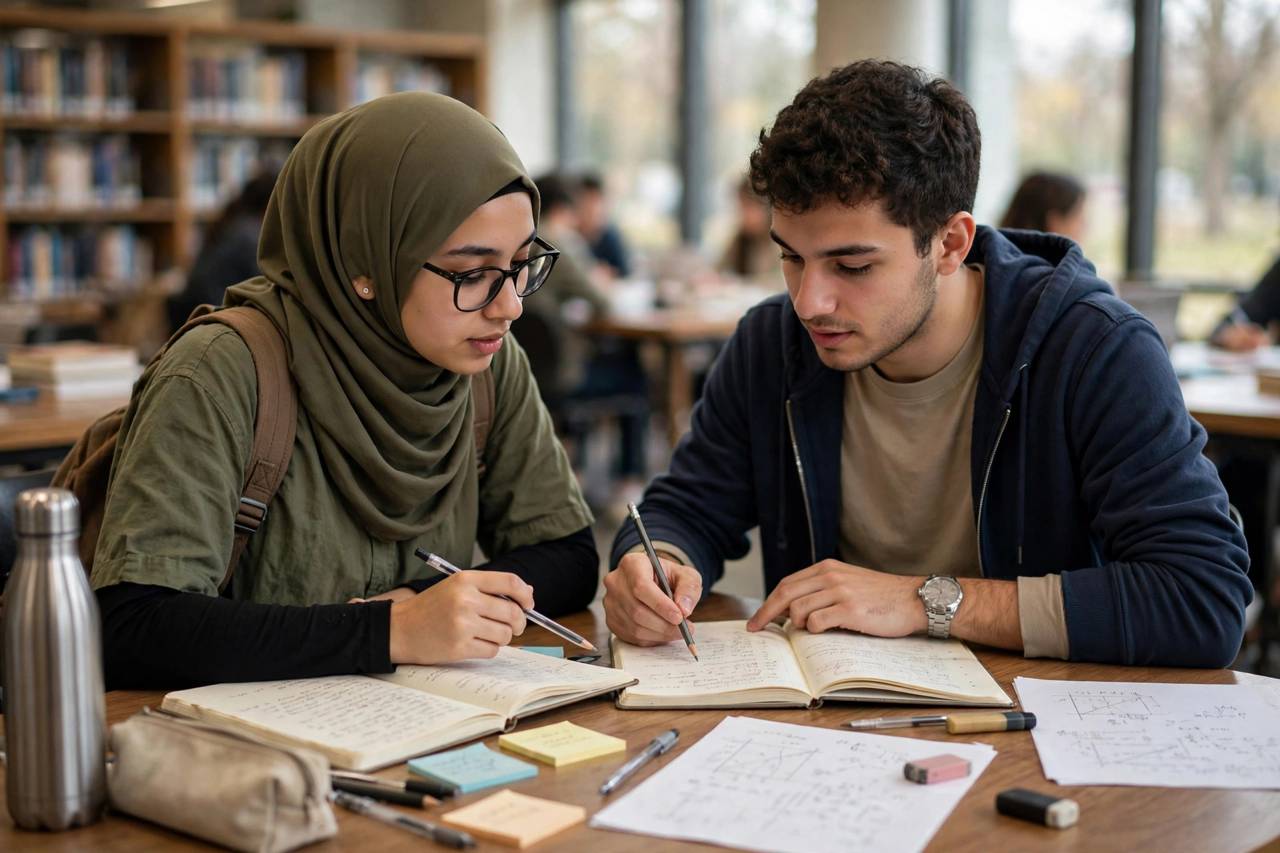 Two students comparing notes while studying for college entrance exams at a library table