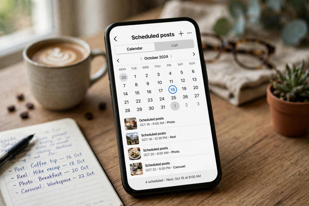 Phone showing Instagram scheduled posts calendar view