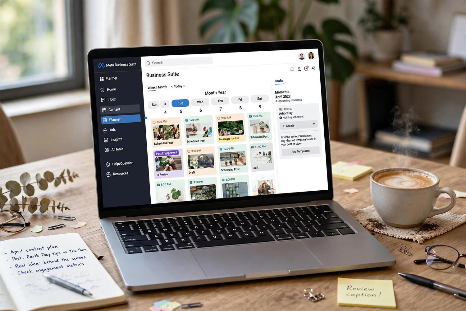 Laptop with Meta Business Suite post scheduling screen