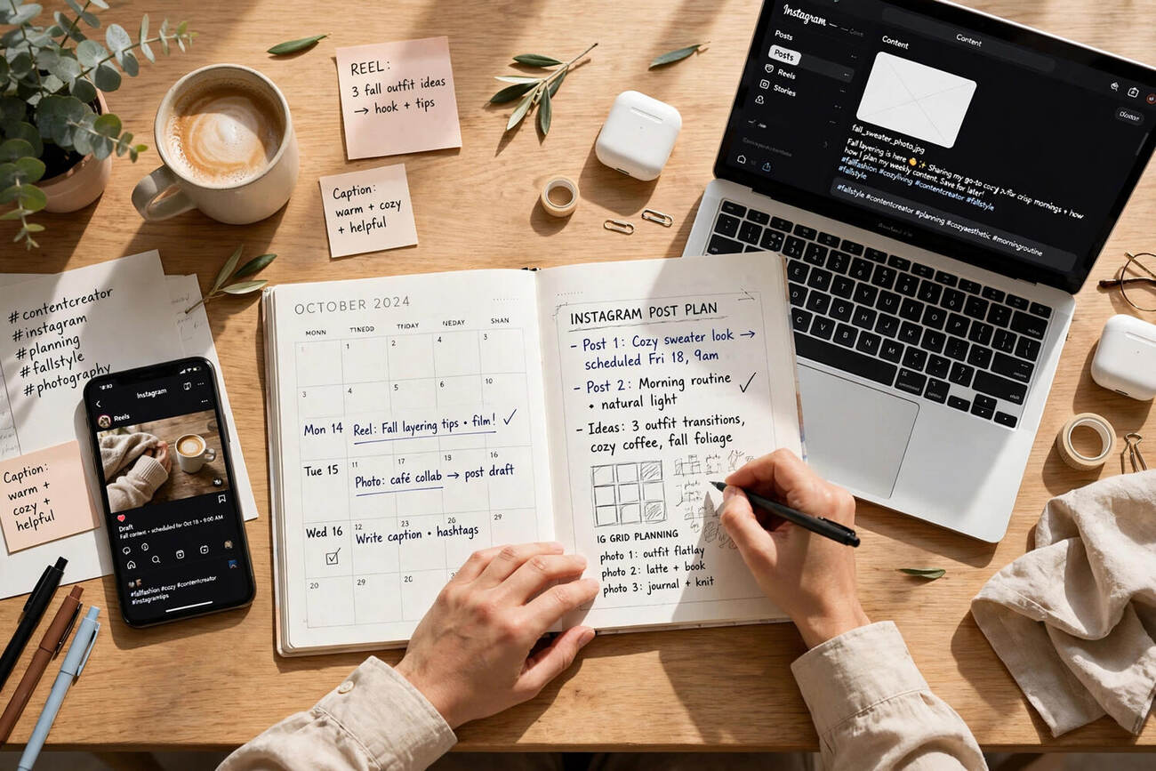 Content creator planning Instagram posts on a desk calendar